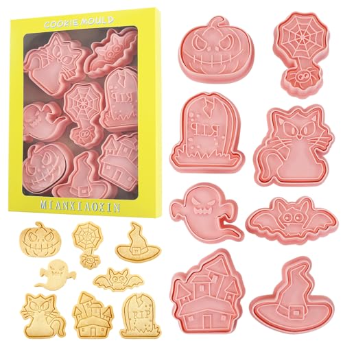 Halloween Cookie Cutters Set - 8 Shapes Including Pumpkin Ghost Bat Witch Hat