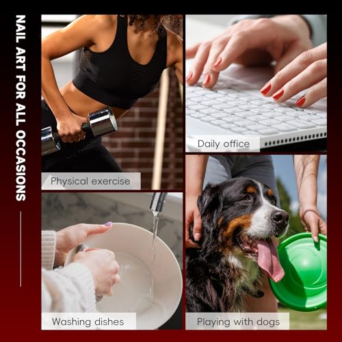 Press-On Nails Short Square Cherry & Black Red Cat Eye Design - 24pcs, Reusable Gel, Easy Application