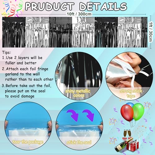 Black Silver Tinsel Streamers for Parade Floats & Party Decor - 4 Pack