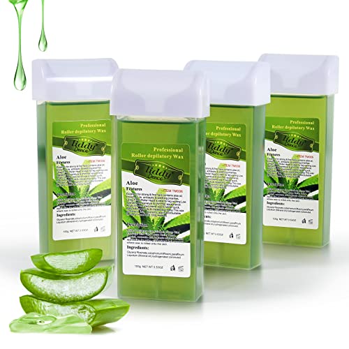 Aloe Vera Hair Removal Wax Refill for Sensitive Skin - Soft Roll-On Cartridge, 4 Pack