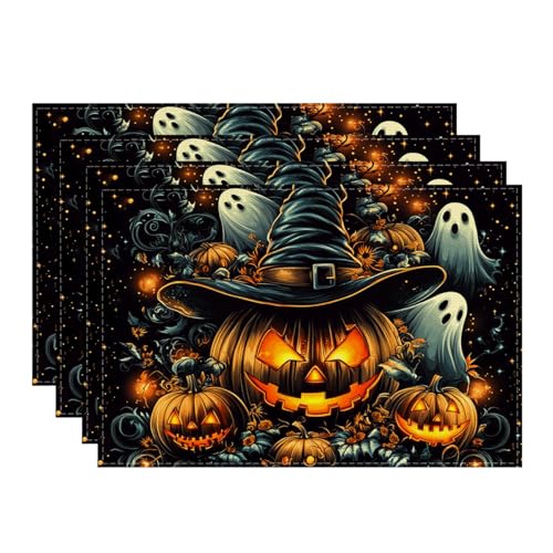 Halloween Pumpkin Placemats Set of 4 - 12x18 Inch Table Decor for Fall & Holiday