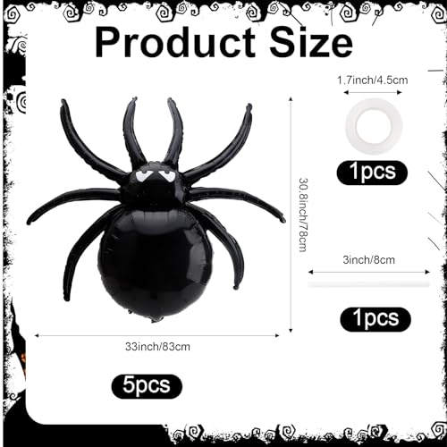 Large Halloween Black Spider Balloons – 33 Inch Foil Spiders for Spooky Party Decorations, 5 Pack