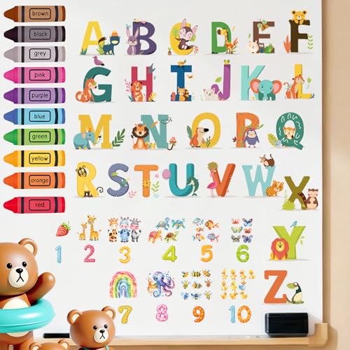 Multicolor Animal Alphabet Numbers Wall Stickers - Educational Classroom Decals