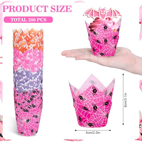 Halloween Cupcake Liners Set - 200 Tulip Shaped Baking Cups with Pumpkin Ghost Bat Designs