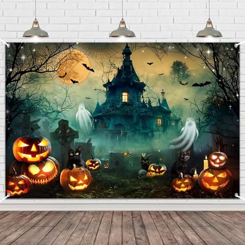 Halloween Party Banner 10x8ft Blue Polyester Spooky Backdrop Decorations for Photoshoot