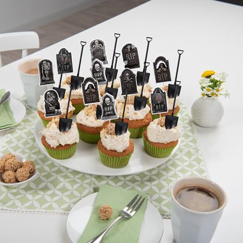 Halloween Cupcake Toppers & Mini Shovel Spoons Set - 23 Variation, 48 pcs
