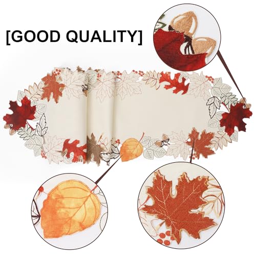 Fall Halloween Linen Textured Table Runner 70 Inch with Embroidered Maple Leaves