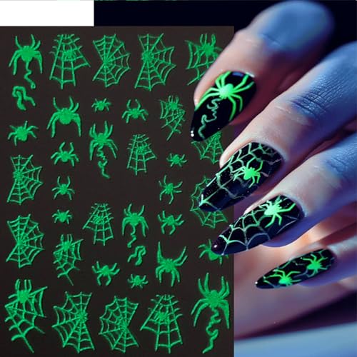 Halloween Glow in The Dark Nail Stickers - 3D Skeleton & Spider Web Decals - Self-Adhesive Nail Art, 4 Sheets - Variation of This Listing