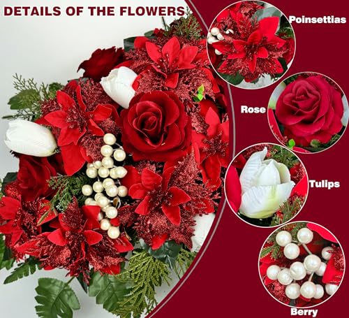 Artificial Cemetery Flowers for Grave Decoration with Adjustable Headstone Saddle - Realistic Winter Memorial Arrangement