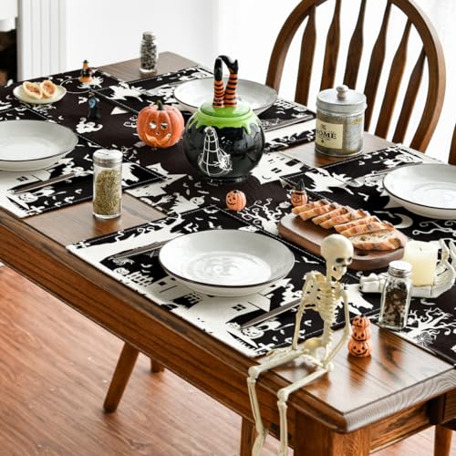 Halloween Haunted House Ghost Witch Placemats Set of 4 - 12x18 Inch Rectangular Black Seasonal Table Mats