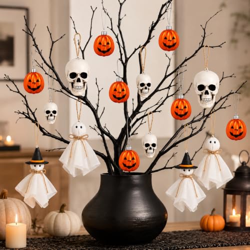 Halloween Tree Decorations 16 Pack Ghost Pumpkin Skull Ornaments Set