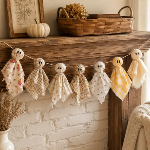 7 ft Halloween Ghost Banner Garland with Fabric Ghosts & Wooden Beads - Festive Home Decor