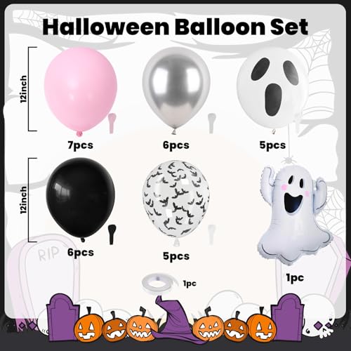 30PC Halloween Balloons Set - Pink Black Silver White Ghost Bat Print with Foil Balloon for Party