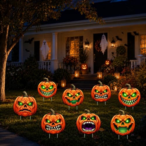 8-Pack Pumpkin Yard Signs Stakes with Glowing Eyes for Halloween Outdoor Decoration - Variation of Pumpkin