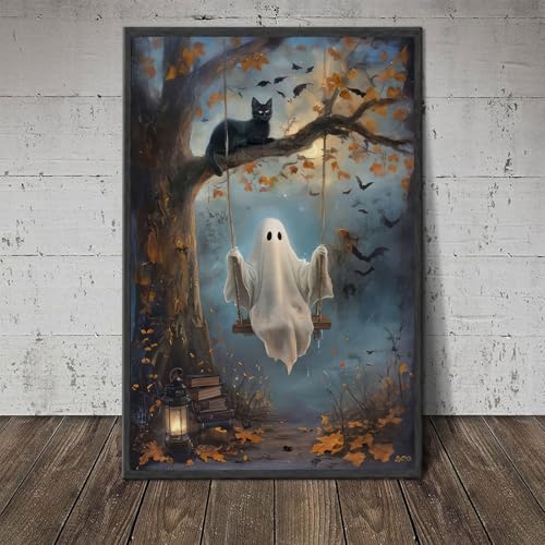 Halloween Wall Art Black Cat Ghost Poster 16x24in Unframed - Dark Academia Decor (Variation of Poster / 24L"x16W")
