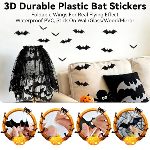 Halloween Decorations Kit with Lace Spiderweb Tablecloth and Bat Stickers - 40 Piece Set