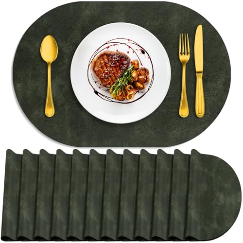 Olive Green Oval Placemats Set of 12 - Waterproof & Heat Resistant Table Mats