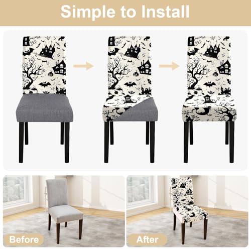 Halloween Chair Covers for Dining Room – Spooky Black & White Slipcovers with Haunted House & Bats, 4/04 Variation