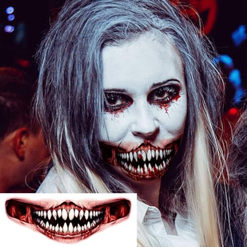 Halloween Spider Web & Red Mouth Temporary Tattoos Set - 7 Sheets, Realistic Zombie & Clown Designs, Variation: RedMouth