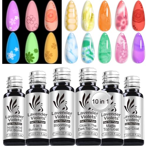 Night Glow Blooming Gel & Top Coat Set for Nails - 6 Pieces, Lavender Violets