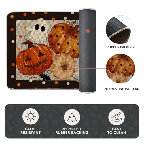 Halloween Kitchen Mats Set of 2 - Black Ghost Design, 17x29 & 17x47 Inches