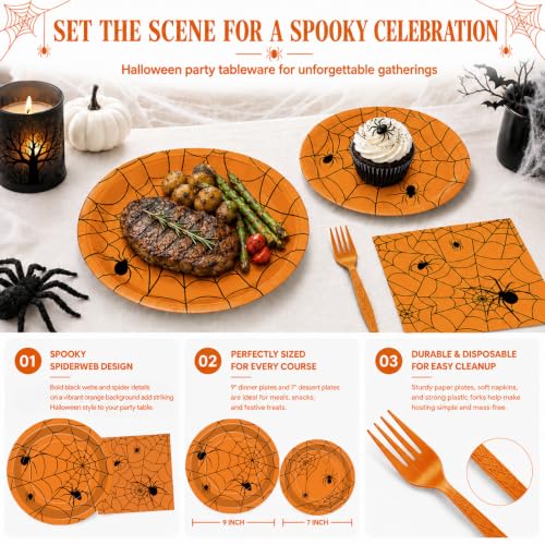 Orange Halloween Spider Web Paper Plates Napkins Party Set - 100 Pcs