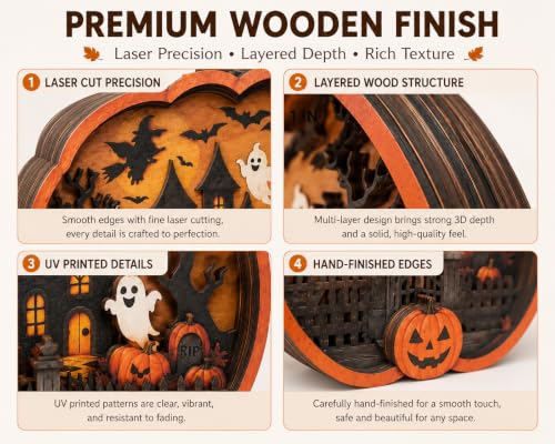 Halloween Pumpkin Sign - Rustic 3D Wooden Fall Decor for Tabletop & Shelf