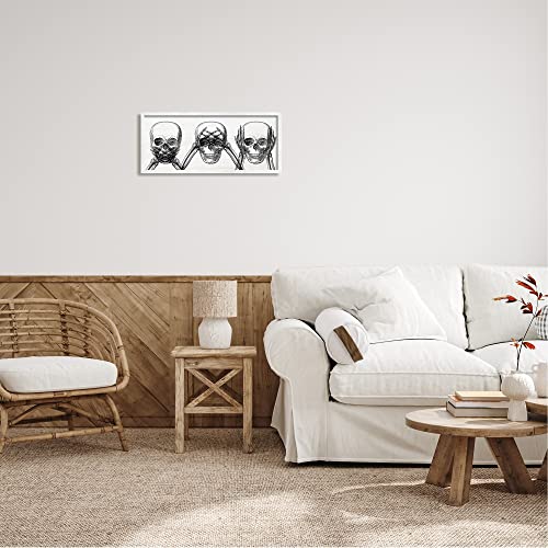 Speak See Hear No Evil Skull Wall Art - White Frame 10x24 Inches