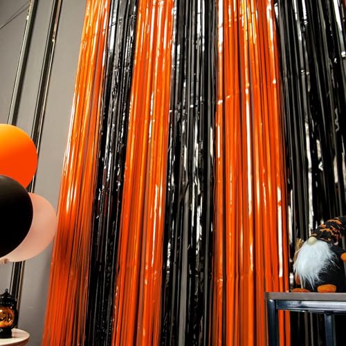 Black and Orange Streamers Halloween Backdrop Foil Fringe Curtain - 3.3ft x 6.6ft, 2 Pack