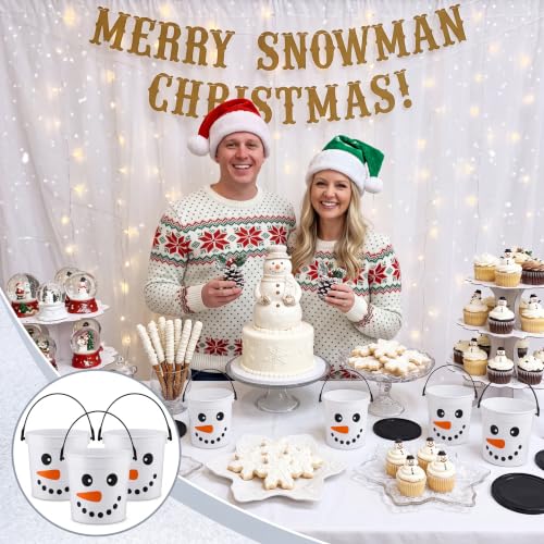 12 Pack Christmas Snowman Candy Buckets with Handles - Holiday Treat Pails