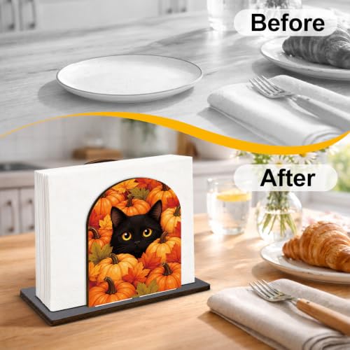 Halloween Fall Decor Wooden Napkin Holder with Cat Pumpkin Design