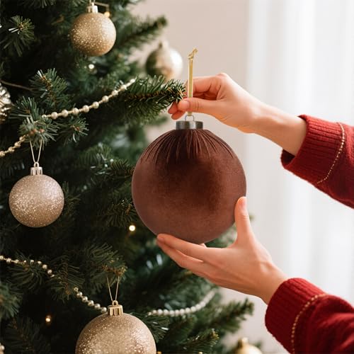 Velvet Christmas Ornaments Balls - 4 Inch Brown Shatterproof Holiday Decor - Set of 12