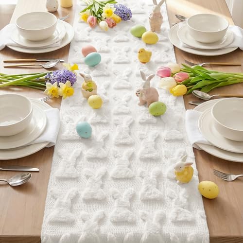 White Faux Fur Bunny Rabbit Easter Table Runner 13x48 Inch - Seasonal Kitchen Decor