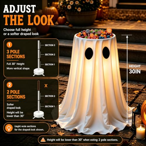 30-Inch Glowing Ghost Candy Bowl Stand Halloween Outdoor Decorations - LED Ghost with Remote