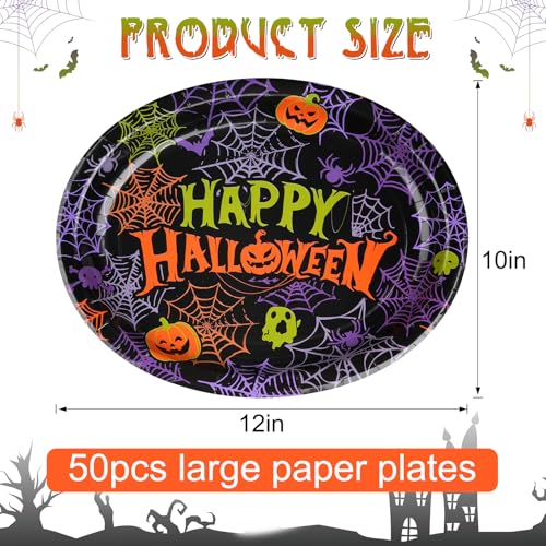 Halloween Party Plates 50 Pack - 10x12 Inch Oval Disposable Dinnerware