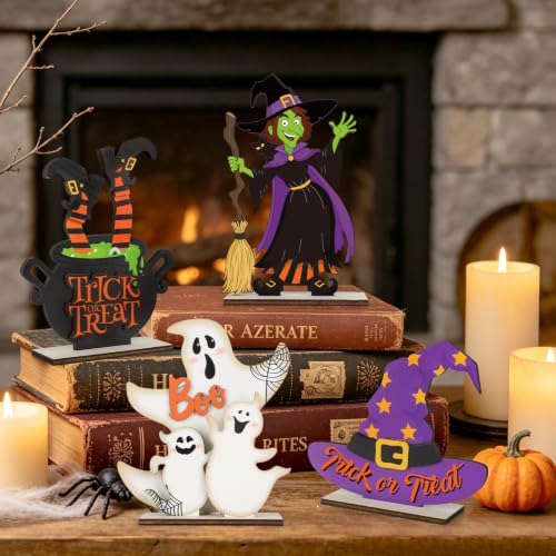 Halloween Wooden Table Centerpiece Signs - 4 Pack Rustic Ghost & Witch Decor with Variation Style 1