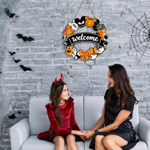 Welcome Mouse Halloween Wreath Door Decoration - Rustic Wooden Hanging Sign