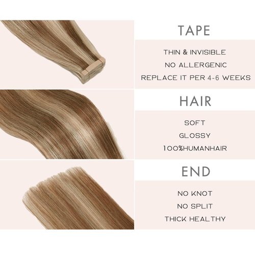 Tape in Hair Extensions Human Hair, 14 Inch 20pcs Human Hair Extensions Tape in for Women Chestnut Brown Highlighted Bleach Blonde Skin Seamless Invisible Tape Hair Extensions(P6/613#, 14 Inch)