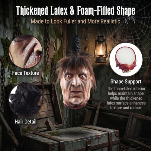 TIODIO Hanging Severed Head Halloween Prop - Life-Size Latex Zombie for Haunted House & Yard Decor - Multi100