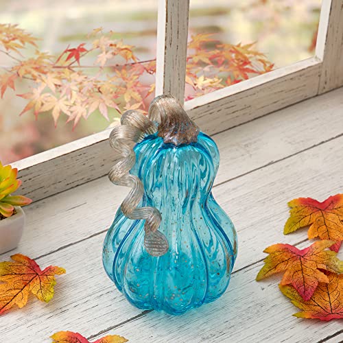 Hand Blown Glass Pumpkin Decor - 8.5-Inch Blue Fall Centerpiece for Thanksgiving & Halloween