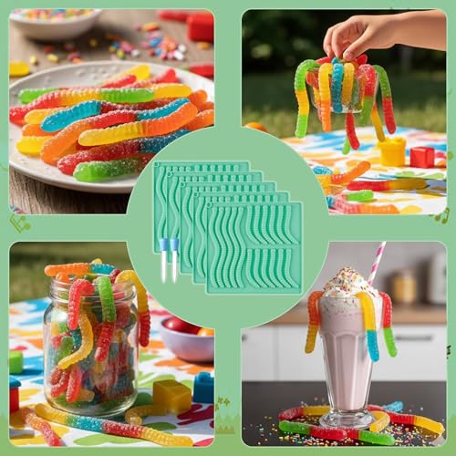 5PCS Silicone Gummy Worm Mold Set with Droppers - Non-Stick Candy & Chocolate Molds