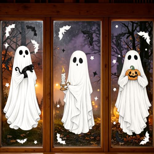 Large Halloween Ghost Window Clings - White Ghost, Double-Sided Stickers, 3 Sheets