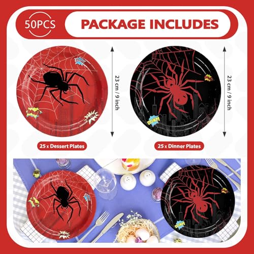ReBlack Hero Spider Theme Paper Plates 9 Inch - 50 Pack, Party Supplies
