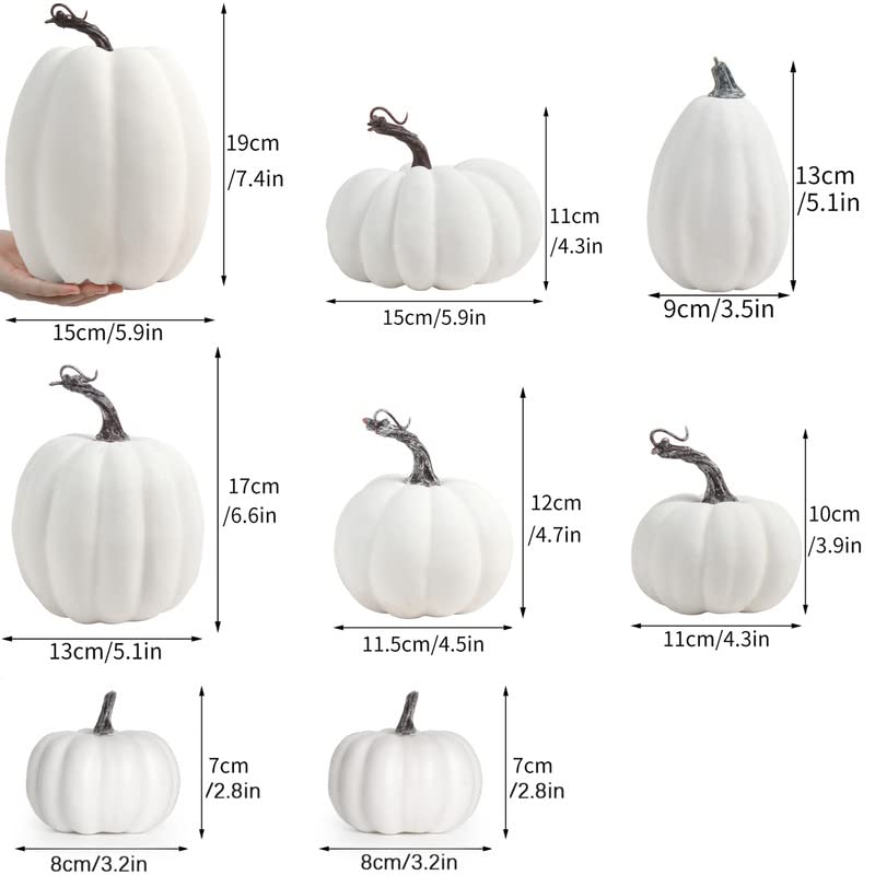 White Fall Artificial Pumpkins Set - Large & Assorted Size Halloween Thanksgiving Decor