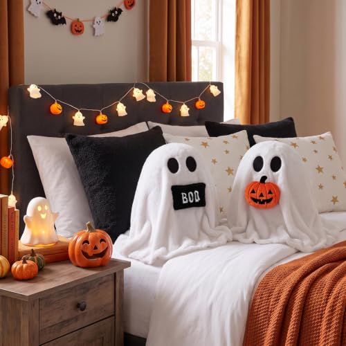 Halloween Ghost Throw Pillows - Set of 2 Soft Plush Ghost Shaped Cushions for Couch & Bed, 14 x 12 Inches