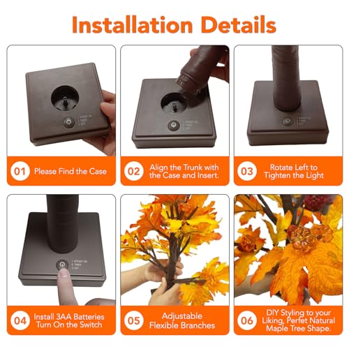 Artificial Fall Maple Tree with 48 LED Lights, Battery & USB Powered Decor for Thanksgiving & Home