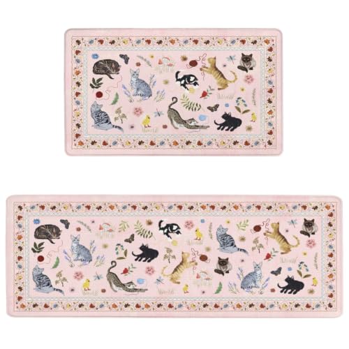 Anti-Fatigue Kitchen Mat Set 2026 - Pink, 17x47 & 17x30 Inches, Non-Slip, Washable, Pumpkin Decor, Halloween Rugs, Spooky Season