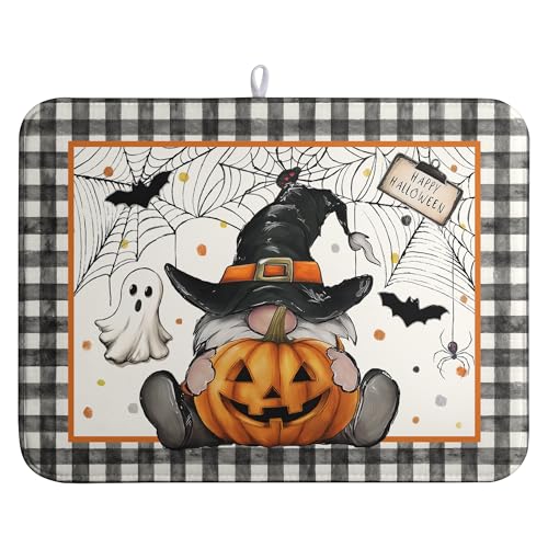 Halloween Gnomes Dish Drying Mat with Bats & Pumpkins - Large Microfiber Kitchen Mat