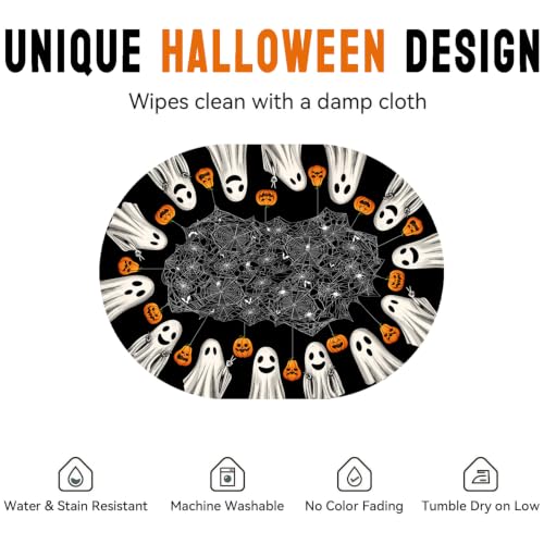 Oval Halloween Tablecloth 52x70 Inch with Spiderweb Ghost Pattern - Black Fabric Party Decor