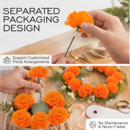 Artificial Marigold Flower Heads 50pcs Silk Flowers with Stems for Decorations